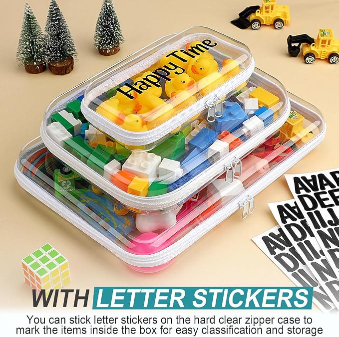12 Pcs Clear Hard Zipper Case Back to School,3 Sizes | Plastic Zipper Pouch with 5 Sheets Alphabet Stickers Toy Storage Organizer Makeup Case for Travel Building Blocks Puzzles - Image 6