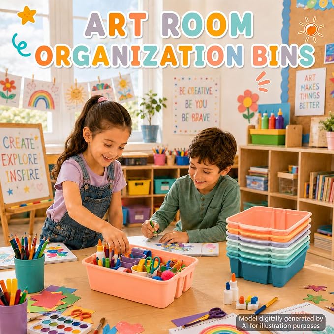 6 Pack Plastic Book Bins For Classroom Stackable Classroom Organizer with Handle Cubby Bins for School Library Office Home Nursery Playroom Organization(Boho) - Image 7