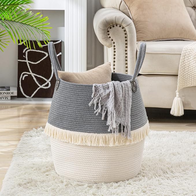 KAKAMAY Woven Baskets for Storage(17"x17"),Large Cotton Rope Woven Baby Laundry Hamper,Collapsible Laundry Basket, Blanket Basket for Organizing Living Room,Nursery,Pillows,Toy Chest(Grey) - Image 6
