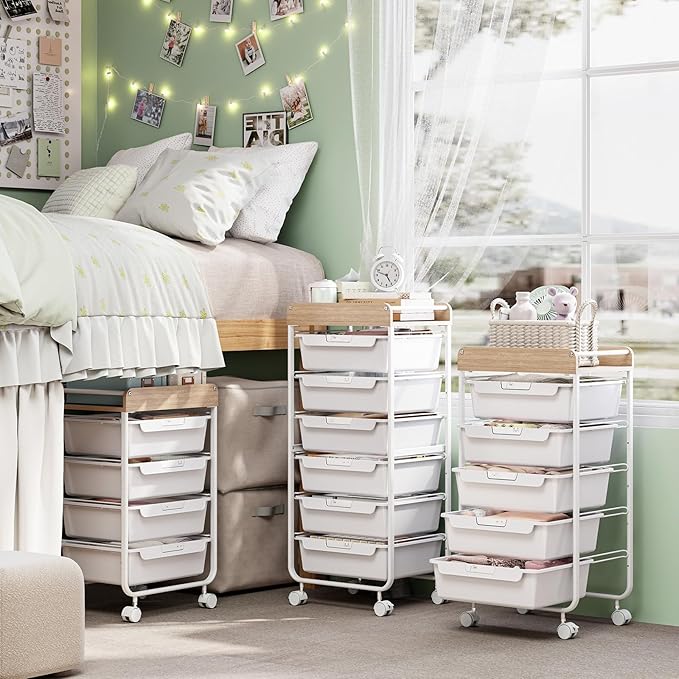 SYKIARIOL Rolling Cart with 6 Drawers,Art Craft Organizer and Storage,White | Utility Storage Cart with Drawers,Makeup Organizer With Wooden Tabletop - Image 9
