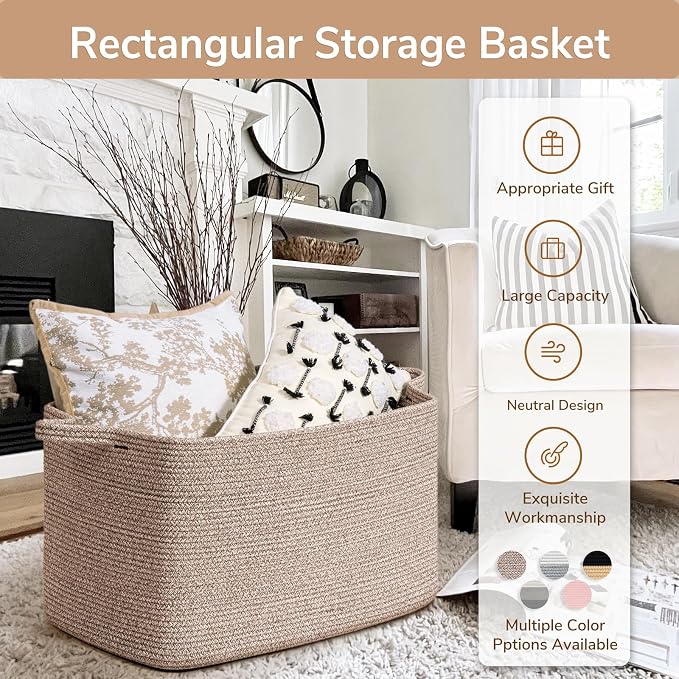 Goodpick 85L Large Woven Rope Blanket Basket, Rectangle, Brown | 23.6'' x 15.7'' x 13.8'' Storage Basket for Blankets, Toys & Clothes, Living Room & Bedroom Organization, Reinforced Handles - Image 7
