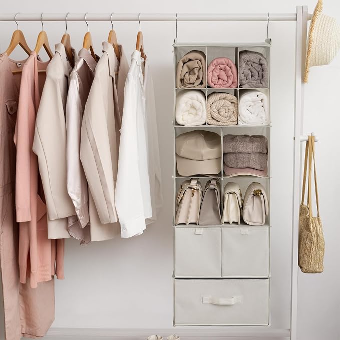 GRANNY SAYS Hanging Closet Organizer, 3 Drawers, 6 Shelves, Beige | Hanging Closet Organizer with 3 Different Drawer Designs, 6 Shelves & Reinforced Structure for Organized Small Spaces - Image 9