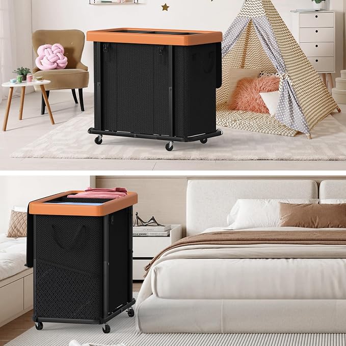 Laundry Basket with Wheels, 230L Leather Patchwork Laundry Sorter 3 Section | Sturdy Metal Frame, Removable Washable Bag, Tall Clothes Sorter for Bedroom - Black - Image 7