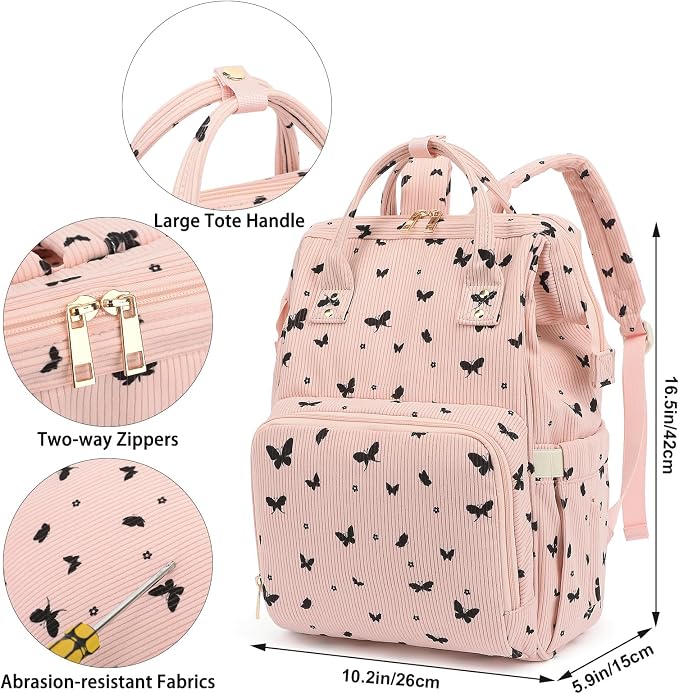 Corduroy Diaper Bag Backpack for Baby Girls Boys, Women Large Nappy Bags for Mom (Pink Corduroy Butterfly) - Image 7