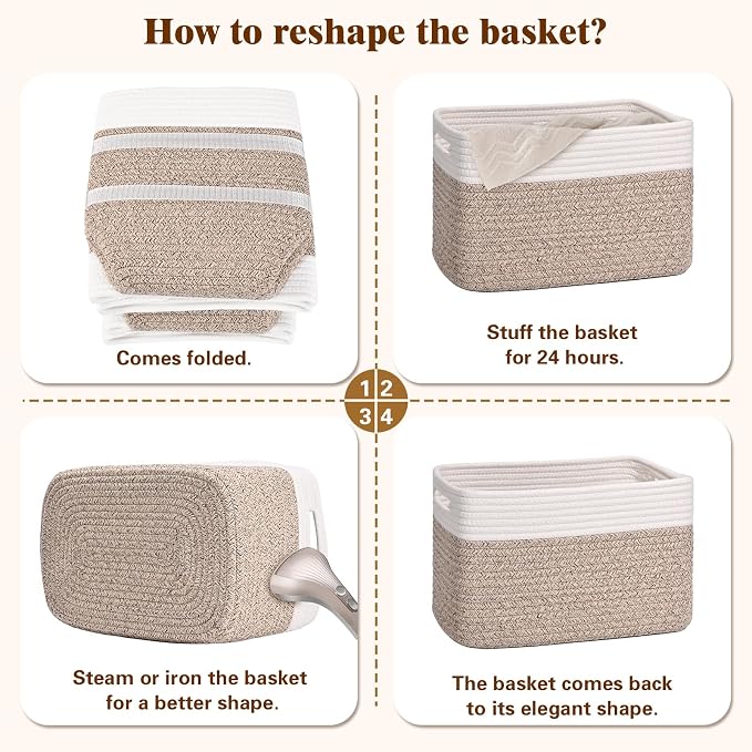 Storage Baskets for Organizing, 4 Pack Baskets for Shelves, Decorative Storage Bins for Shelves, Cotton Rope Storage Basket with Handles, Woven Basket for Storage, 13''Lx8.7''Wx7.9''H, White & Brown - Image 8
