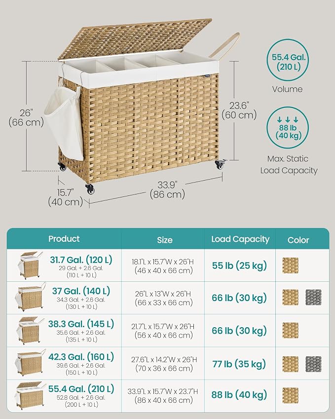 SONGMICS Laundry Hamper with Lid, 55.4 Gallons (210 L), Rolling Laundry Basket with Wheels, 4-Section Synthetic Rattan, Removable Liner, Bedroom, 33.9 x 15.7 x 26 Inches, Natural Color ULCB460Y01 - Image 6