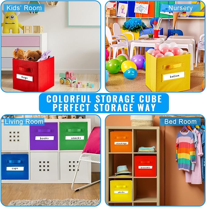 FillTouch 18pcs 11 Inch Fabric Storage Cubes Sturdy Colorful Cube Storage Bins with Label Window Handle Foldable Baskets for Kids Organizing Clothes, Toys, Books(School Color) - Image 6