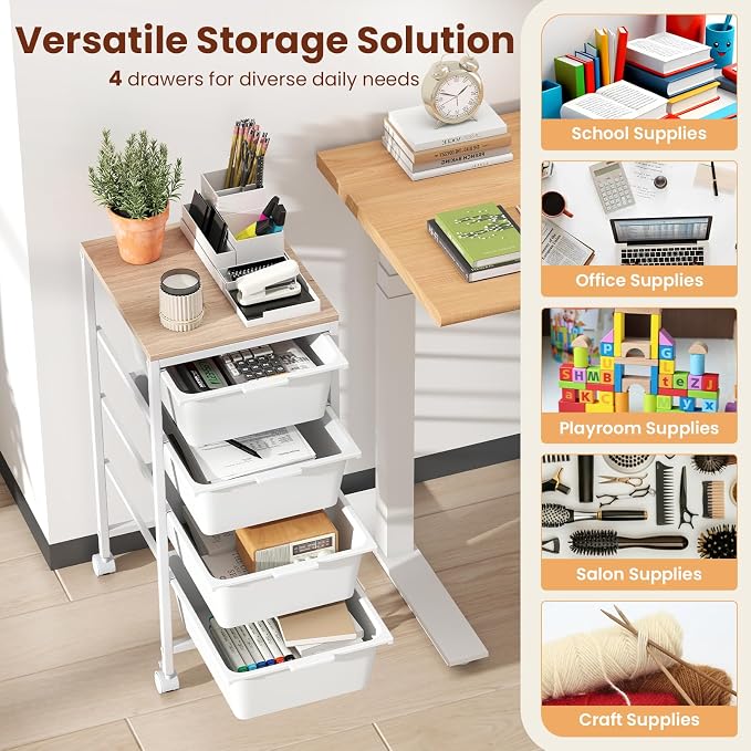 Giantex Rolling Storage Cart with 4 Drawers, Utility Cart w/Wooden Tabletop, Lockable Wheels, Multipurpose Organizer for Art Craft Scrapbook Paper, Drawer Carts for Dorm Classroom Office, White - Image 9