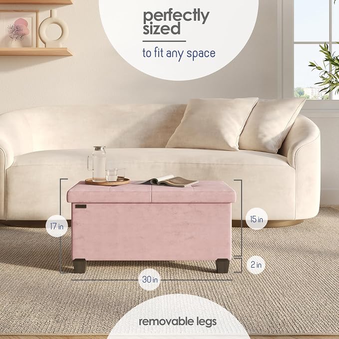 Storage Ottoman Bench with Bins, 30-in Storage Bench for Bedroom End of Bed, Folding Foot Rest Ottoman for Living Room Max 660lbs, Velvet Ottomans, Pink - Image 9