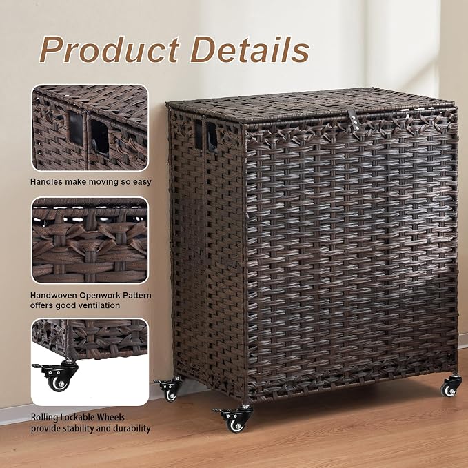Laundry Hamper with Wheels&Lid, 50.2 Gallons(190L) Rolling Laundry Basket with Wheels, 3-Section Laundry Hamper, Handwoven Rattan Clothes Hamper with 6 Removable Liner& 3 Mesh Laundry Bags, Brown - Image 7