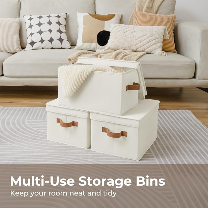 StorageWorks Closet Storage Bins, Fabric Storage Bins with Lids | Lidded Dust-proof, Easy Pull Handles, Foldable, Stackable, Ideal for Clothes Blanket Towel, Large, Ivory, 3-Pack - Image 7
