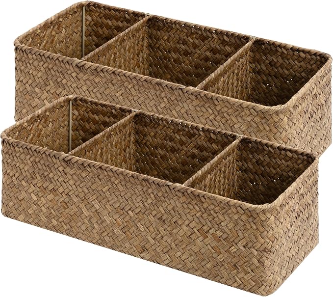 StorageWorks Toilet Paper Basket, 3-Section Toilet Tank Basket, Seagrass | Wicker Basket, Toilet Paper Storage for Back of Toilet Tank, Woven Baskets for Shelves, Wicker Baskets with 3 Compartments - Image 8