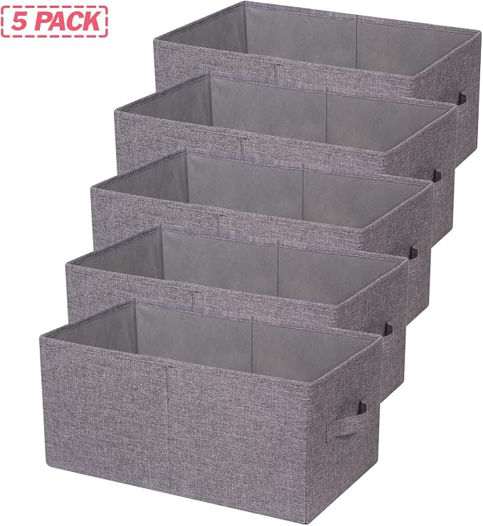 TENABORT Set of 5 Closet Organizer Bins with Handle, Fabric Foldable Storage Baskets Cloth Box Containers for Shelves Home Office Clothes Clothing, Gray, Jumbo - Image 7