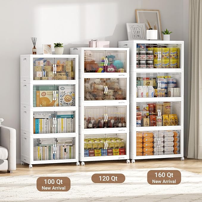 BROVIEW 480QT Large Stackable Storage Bins with Clear Doors, V20 3Pack | 120Gal Plastic Closet Organizer Cabinet with Lid and Wheels, Collapsible Latch Box Folding Drawer for Home, White - Image 9