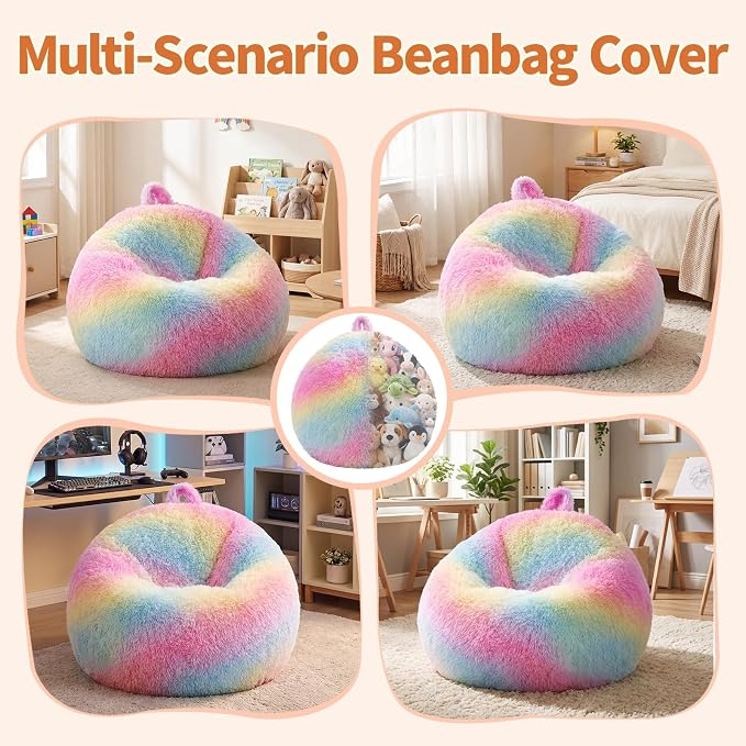 Stuffed Animal Storage Bean Bag Chair Cover, Soft Bean Bag Cover | Fluffy Faux Fur Stuffed Animal Storage Chair, Non-Slip Bottom, Fill with Plush Toys or Blankets, for Adults Teens Kids Girls - Image 7