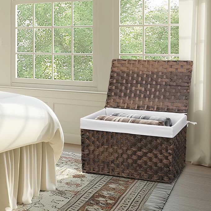 Wicker Storage Basket with Lid, 52.8 Gallon (200L) Large Blanket Basket with Lid, Woven Storage Bin with Handles, Removable Liner, Metal Frame, Foldable, for Bedroom, Laundry Room, Brown - Image 7