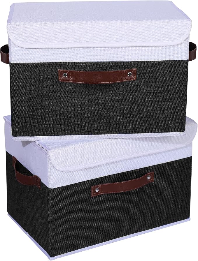 ANMINY Fabric Storage Box Bins with Lids, Black White, 15"x10"x10", 4 Pack | Keepsake Memory Storage, Cotton Linen, PP Board Reinforced, Washable, PU Handles, Foldable & Stackable, Decorative, Large - Image 8