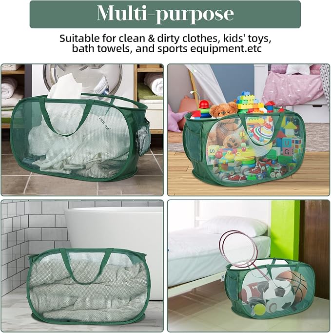 Sturdy Mesh Pop Up Laundry Hamper, Collapsible Laundry Baskets with Side Pocket, Foldable Clothes Hamper with Reinforced Carry Handles for Laundry, Bathroom, Kids Room, Dorm or Travel 2 Pack Emerald - Image 6