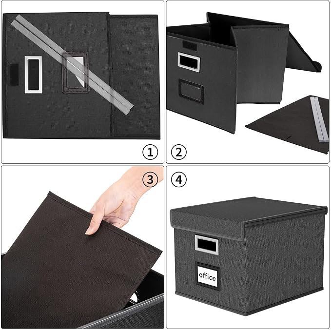 File Organizer Box with Lids, Collapsible File Folder Organizer | File Box with Plastic Slides for Office Document Storage, Filing Bin for Letter Size Hanging File Folders (2 Pack, Black) - Image 7