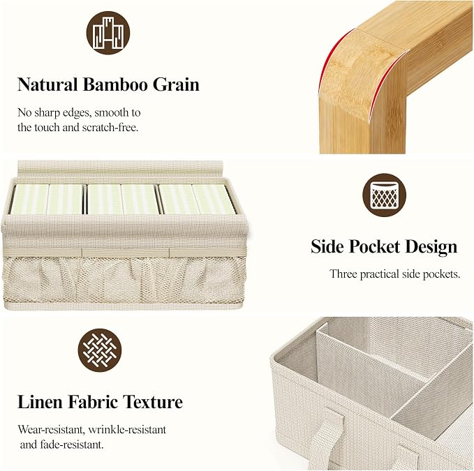 Bamboo Diaper Caddy Cart with Wheels - 3-Tier Rolling Storage,Beige | Removable bins, side pockets, sturdy handle, smooth wheels. For nursery, living room, laundry, pet. Natural bamboo, versatile - Image 9