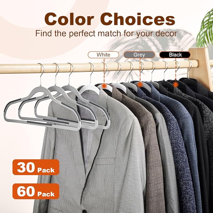 HOUSE DAY Non Slip Plastic Clothes Hangers 60 Pack with Rubber Pads, Grey | Space-Saving 0.2-Inch Slim Design; Heavy-Duty and 360° Swivel Hooks Keep Shirts, Coats, Suit, Blouse and Pants Organized - Image 9