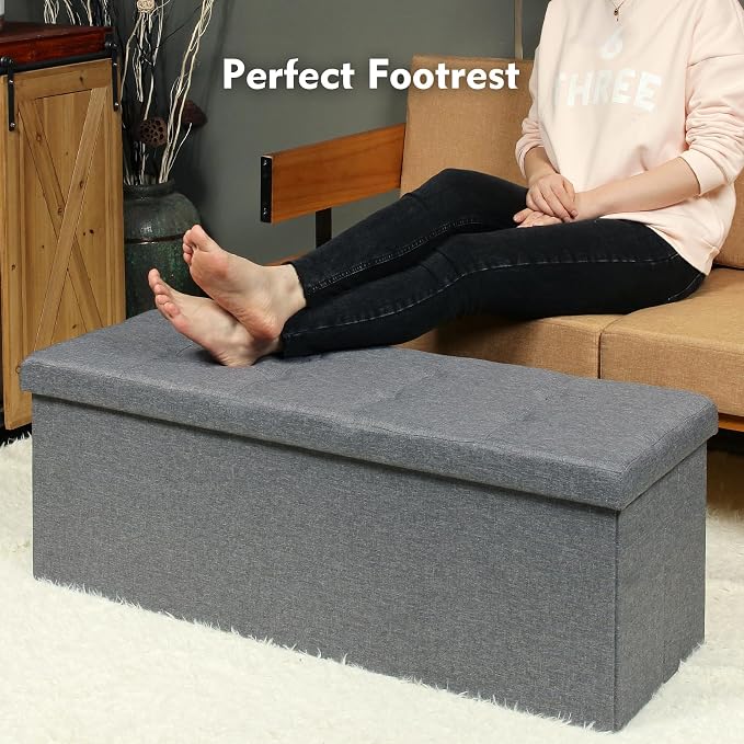 PINPLUS Folding Storage Ottoman Bench, Grey Linen Long Ottoman Chest Foot Rest Stool with Padded Seat, Chest with Cover, Bedroom Bench with Storage, 43.3inches - Image 9