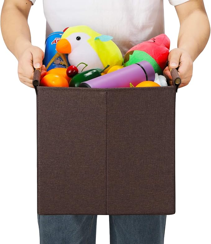 HOONEX Collapsible Storage Bins, 13x13x13 Inches Storage Cubes Linen Fabric, 3 Pack, Storage Baskets with Wooden Carry Handles and Sturdy Heavy Cardboard, for Home, Office, Car, Nursery, Brown - Image 7