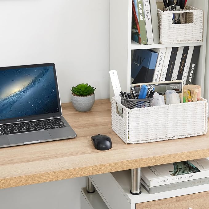 Wicker Storage Basket, Set of 2 Hand-Woven Paper Rope Wicker Basket, Small Storage Baskets for Organizing Toilet Paper Basket, Foldable Large Cube Storage Organizer Bins for Shelves (White) - Image 7