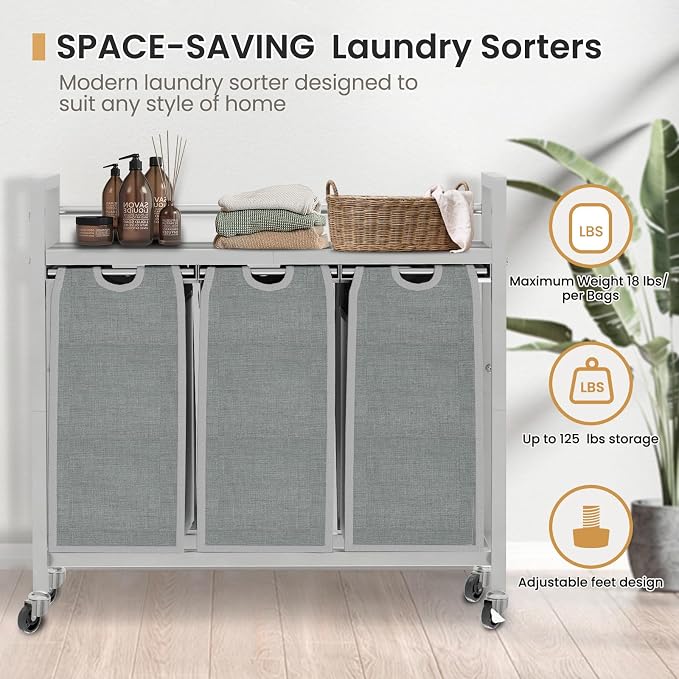SwaaVee Laundry Sorter, Laundry Hamper 3 Section, 3×11.4Gal, Metal Frame Rolling Laundry Basket with Wooden Top Shelf, Pull out and Removable Laundry Bags, 3 Bags-Gray - Image 7