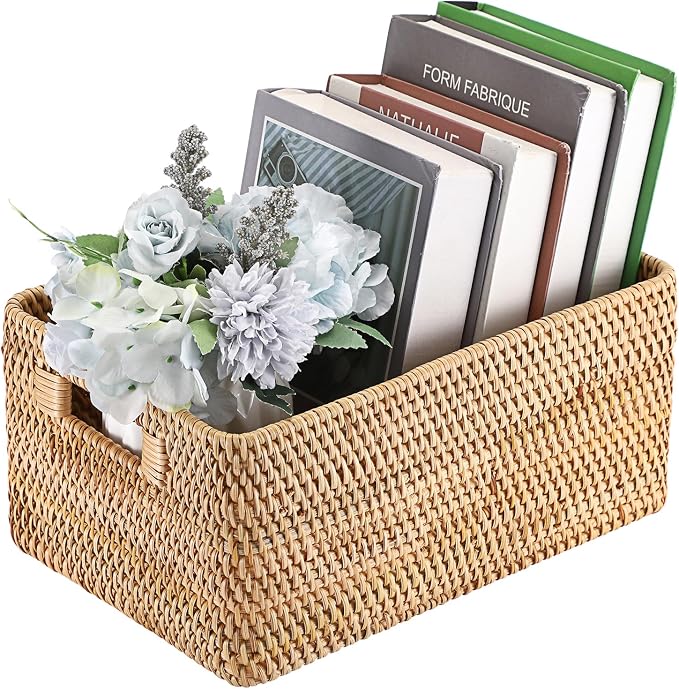 Hipiwe Woven Rattan Basket Natural Wicker Storage Basket Box with Handles | Rectangular Open Storage Bin for Shelf Bathroom Living Room Kitchen, 13" x 8.7" x 5.9" - Image 9