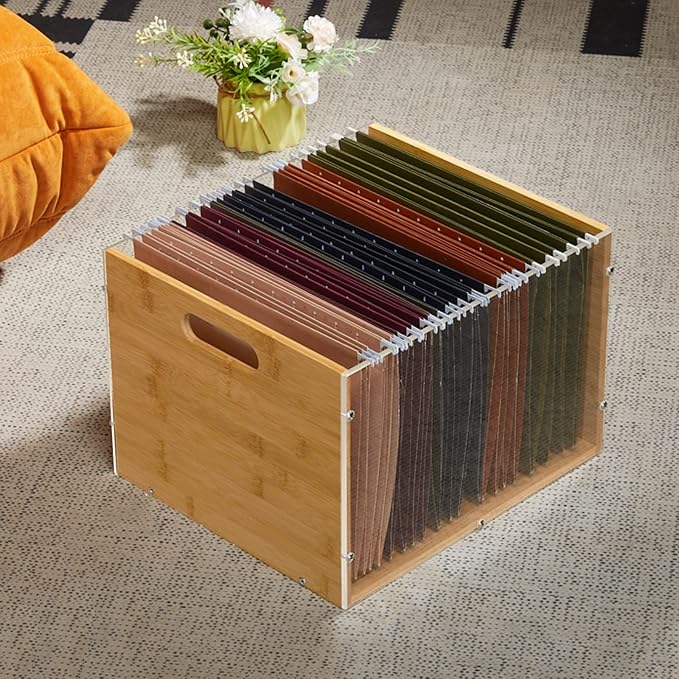 Sbanmao 2 Pack Hanging File Organizer, Clear Acrylic File Box Organizer, Bamboo Filing Box File Crate Storage Boxes, Portable Filing Organizer with Handle for Letter Size - Image 9