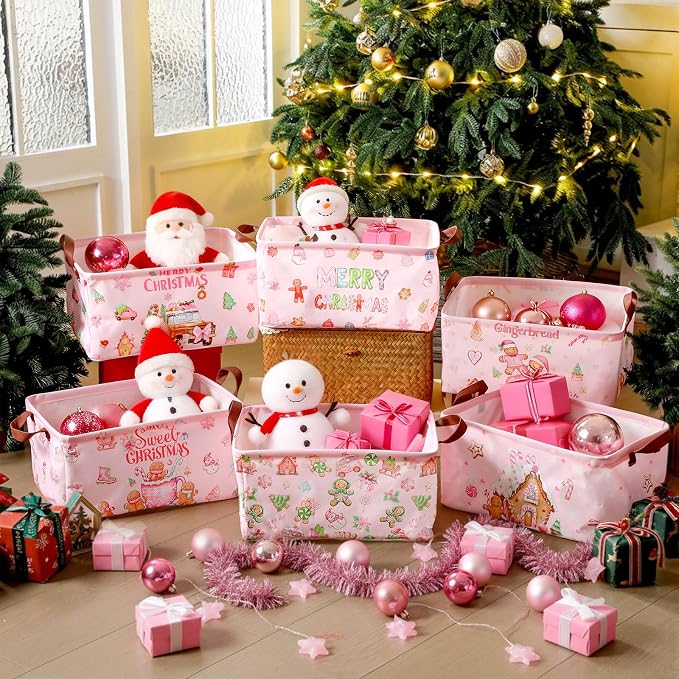 CHENGU 6 Pack Christmas Storage Basket Pink Collapsible Christmas Basket for Gifts Gingerbread Man Holiday Decor Large Gingerbread House Bin Foldable Xmas Tree Box with Handle for Bedroom Office Home - Image 7