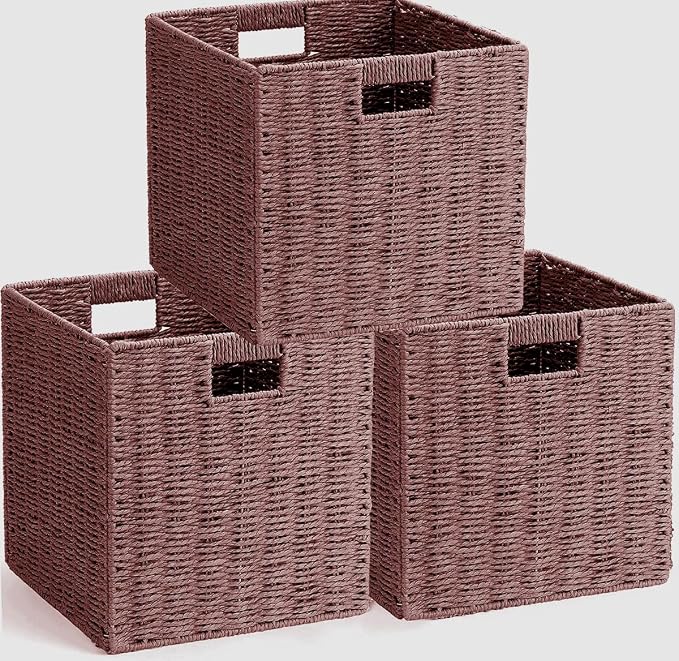 3Pcs Woven Shelf Baskets, 10.5'' Paper Rope Handmade Open Storage Bins, Dark Brown Pantry Baskets Organization Basket Foldable Storage Bins for Bedroom, Cubby Cubes Wicker Basket with Handles - Image 7