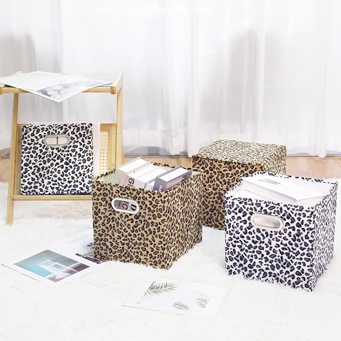 ANMINY Leopard Cheetah Print Storage Cubes Bins, Velvet, Gray, 13Inch 6PCS | Collapsible & Washable, PP Board Frame, Built-in Metal Handles, Animal Themed Fabric Cubes Baskets for Closet Shelves Decor - Image 7