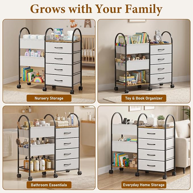 Baby Diaper Caddy Organizer Cart with Wheels, 4-Tier Rolling Diaper Cart with Dividers and Drawers, Multi-Layer Nursery Storage for Diapers & Baby Essentials - Image 8