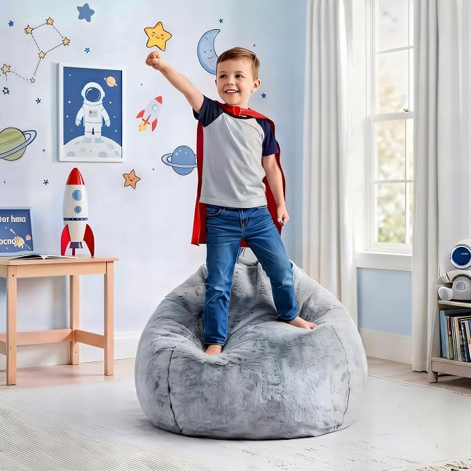 Hobestluk Small Bean Bag Chair Round Teardrop Soft Floor Sofa Reading Seat | Faux Fur Plush Fluffy Comfy Couch No Assembly Lightweight Storage Bedroom Dorm Office Outdoor Grey by YourHomeDeservesMore