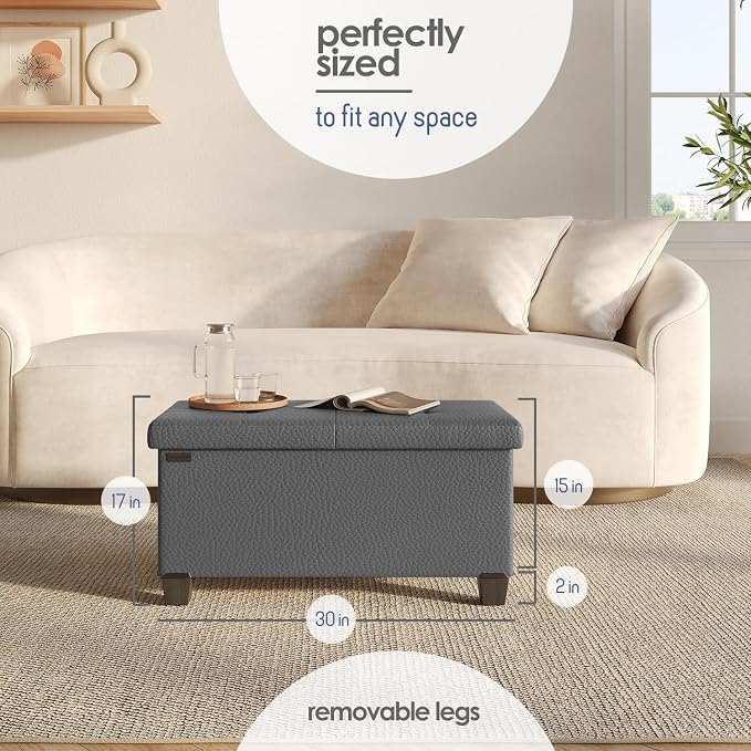 Storage Ottoman Bench with Bins, 30-in Storage Bench for Bedroom End of Bed, Folding Foot Rest Ottoman for Living Room Max 660lbs, Faux Leather Ottomans, Grey - Image 10