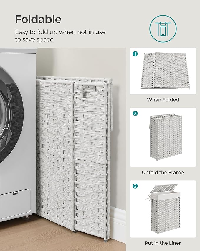 SONGMICS Slim Laundry Hamper with Lid, 14.5 Gallon (55L) Rattan Clothes Laundry Basket with Lid and Handles, Foldable, Removable Liner, Cloud White ULCB164W01 - Image 6