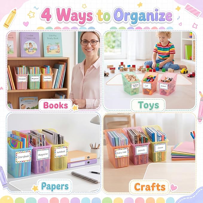 Blosssound 6 Set Book Bins for Classroom Stackable,Translucent Pastel | Plastic Baskets with Labels, Slanted Front, Library Supplies Organizers, Desktop Storage Bins, Teachers Home School Use - Image 7
