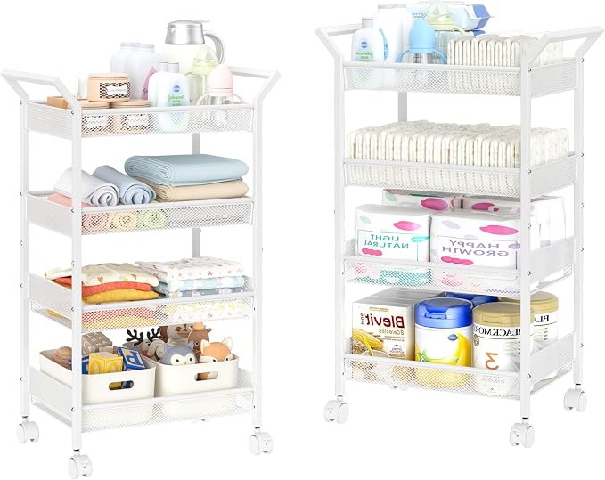 2 Pack Baby Diaper Caddy Cart, 4-Tier Diaper Caddy Organizer and Storage, Rolling Utility Cart for Baby Supplies, Diaper Cart with Wheels for Bedroom, Nursery, Changing Table, White - Image 7