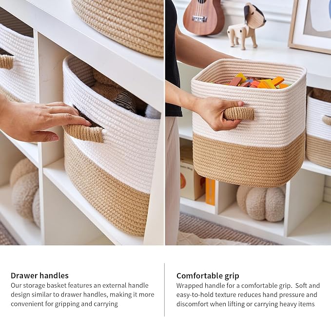 R RUNKA Storage Cube Baskets for Organizing -3 Pack -11 inch Square Baskets for Cube Storage, Closet Storage Bins-Woven Cube Storage Bins for Shelves- Ideal for Toy Storage |White & Khaki - Image 7