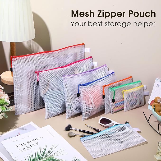 Kisston 150 Pcs Mesh Zipper Pouch Bags Bulk, 8 Sizes Plastic Zipper Bags, 8 Colors Waterproof File Pouches for Organization, Multipurpose Travel Pouches for Travel, Office, Board Game - Image 7