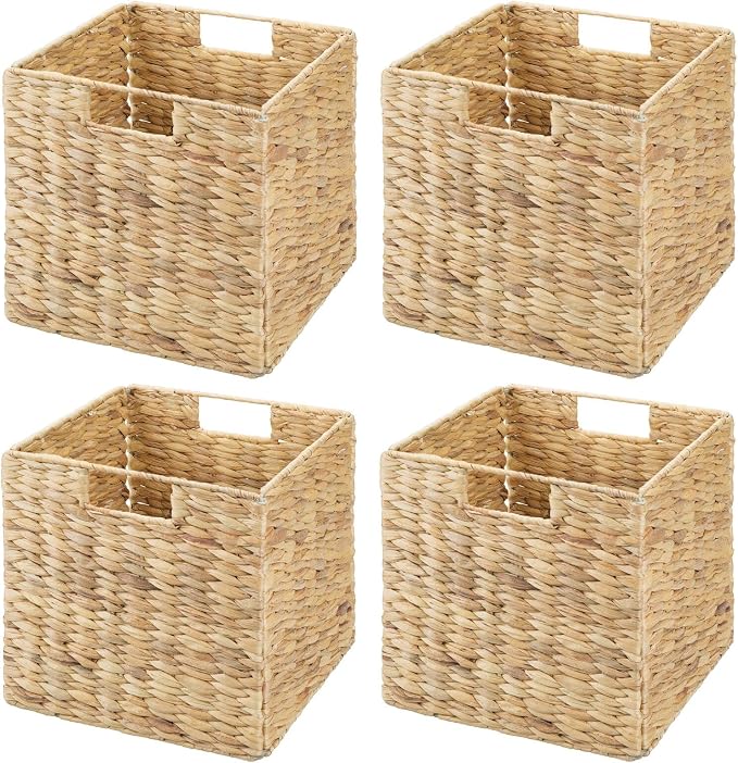 mDesign Natural Woven Hyacinth Cube Organizer Basket with Handles, Storage for Bathroom, Laundry Room Shelf or Nursery - Perfect for Cubby Storage Units - Hold Blankets and Books - 4 Pack, Natural/Tan - Image 9