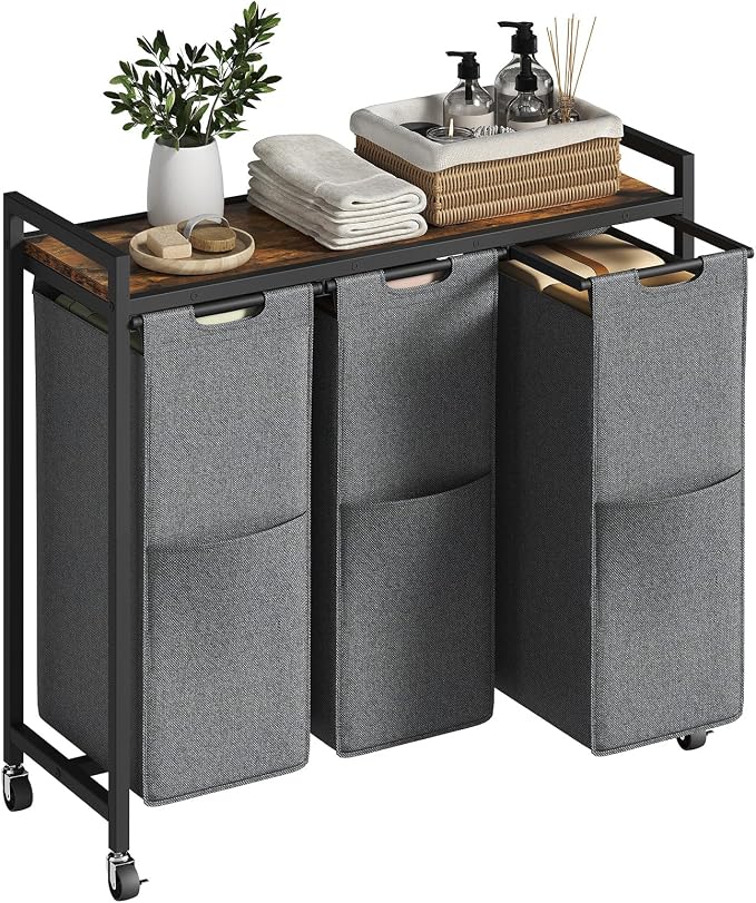 HOOBRO Laundry Sorter 3 Section, Laundry Hamper with Wheels, 3 × 11.5 Gal (43.4L), Rolling Laundry Basket, Pull-Out and Removable Oxford Fabric Laundry Bags, Rustic Brown and Grey BFG76XY01 - Image 9