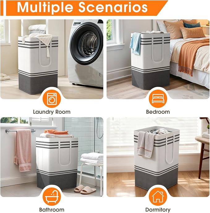 2 Pack Large Home Laundry Basket, Laundry Hamper, Freestanding Waterproof Dirty Clothes Bag, Tall Clothes Hamper - Extended & Reinforced Handles for College Dorm, Family (Light Grey/88L) - Image 7