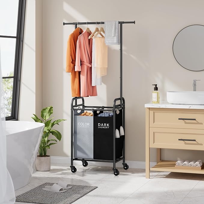 Laundry Sorter with Hanging Bar, 2 Bag laundry cart, Black & Gray | 2 Section Laundry Hamper with Lockable Wheels and Removable Bag, Laundry Cart with Hanging Rack for Laundry Room, Bathroom - Image 8