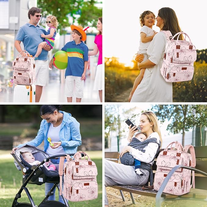 Diaper Bag Backpack, Large Diaper Backpack with Portable Changing Pad, Baby Diaper Bags for Girls, Multifunction Floral Travel Backpack for Moms Dads with Insulated Pockets and Stroller Straps - Image 6