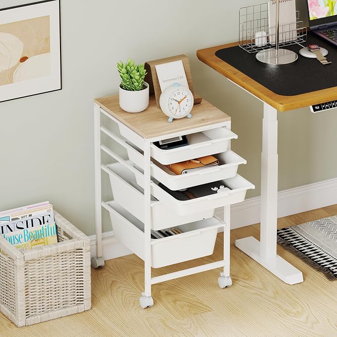 GOFLAME 5-Drawer Rolling Storage Cart, Craft Storage Cart with Wooden Tabletop and Lockable Wheels, Art Cart Supply Storage Organizer with Metal Frame for Home Office Classroom, White - Image 9