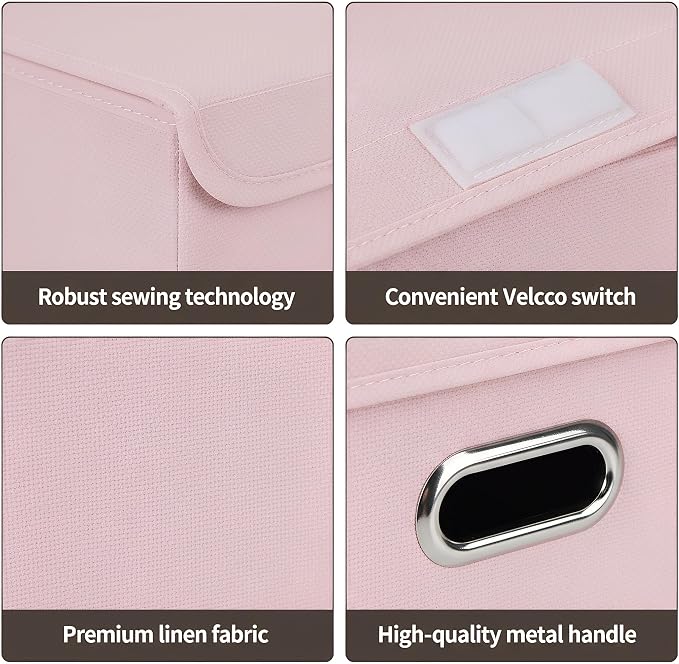 STOREONE Fabric Storage Cube Bins Foldable Organizer Container Collapsible Basket with Lids and Metal Handles, for Home, Bedroom, Closet 6 Pcs (multicolour-light pink) - Image 7