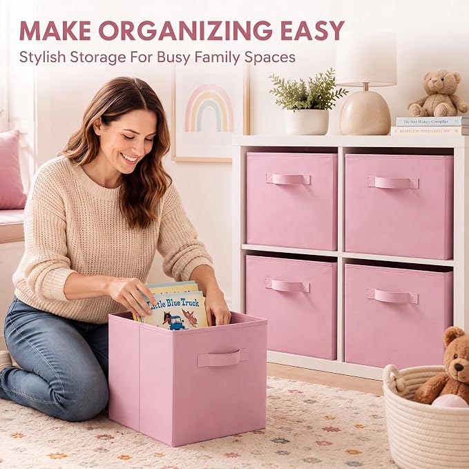 Yinder 4 Pcs Cube Storage Bin, Light Pink 14''x10''x8'' Storage Cubes | Kids Classroom Playroom Decor, Pink Bins, Foldable Baskets for Nursery Organizer Boxes Fabric Boxes - Image 7